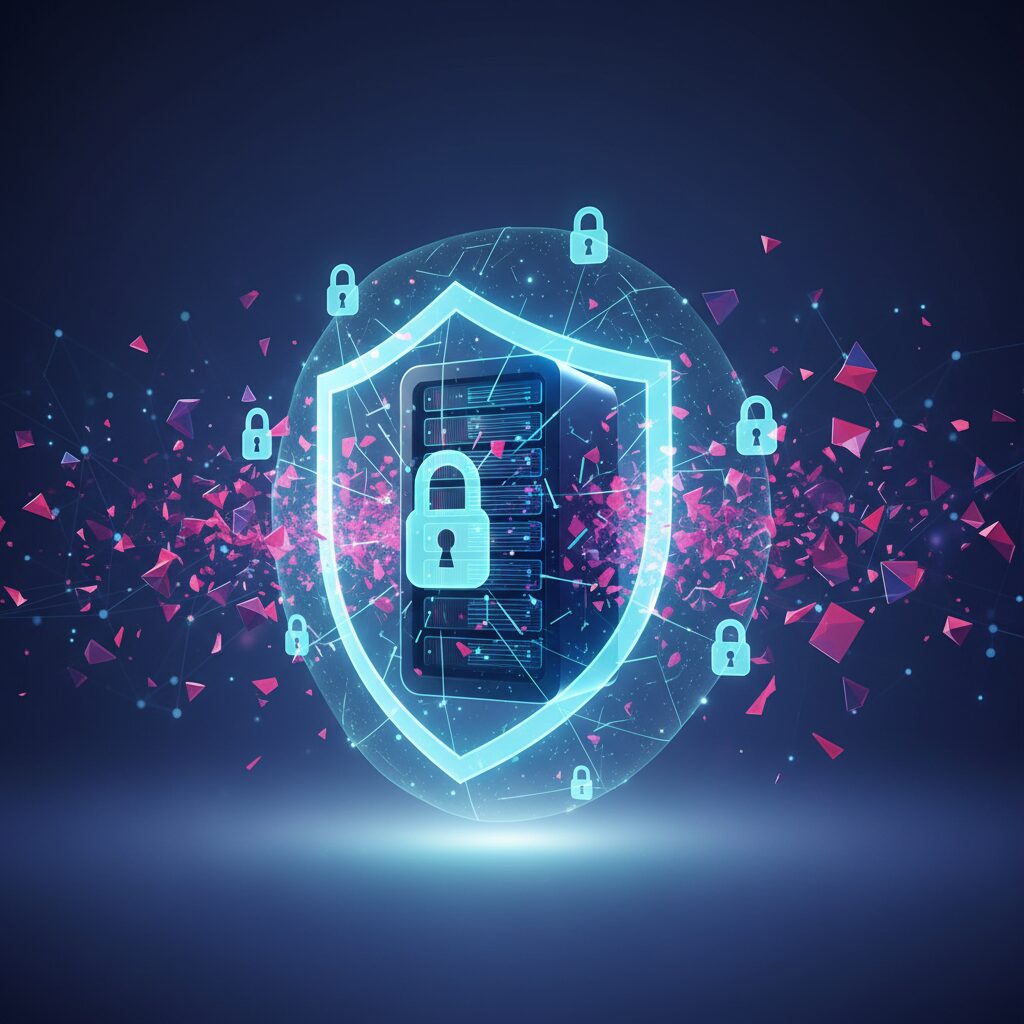 Abstract digital network representing secure data flow with glowing quantum bits, safeguarding critical information within a futuristic, dark blue technological environment.