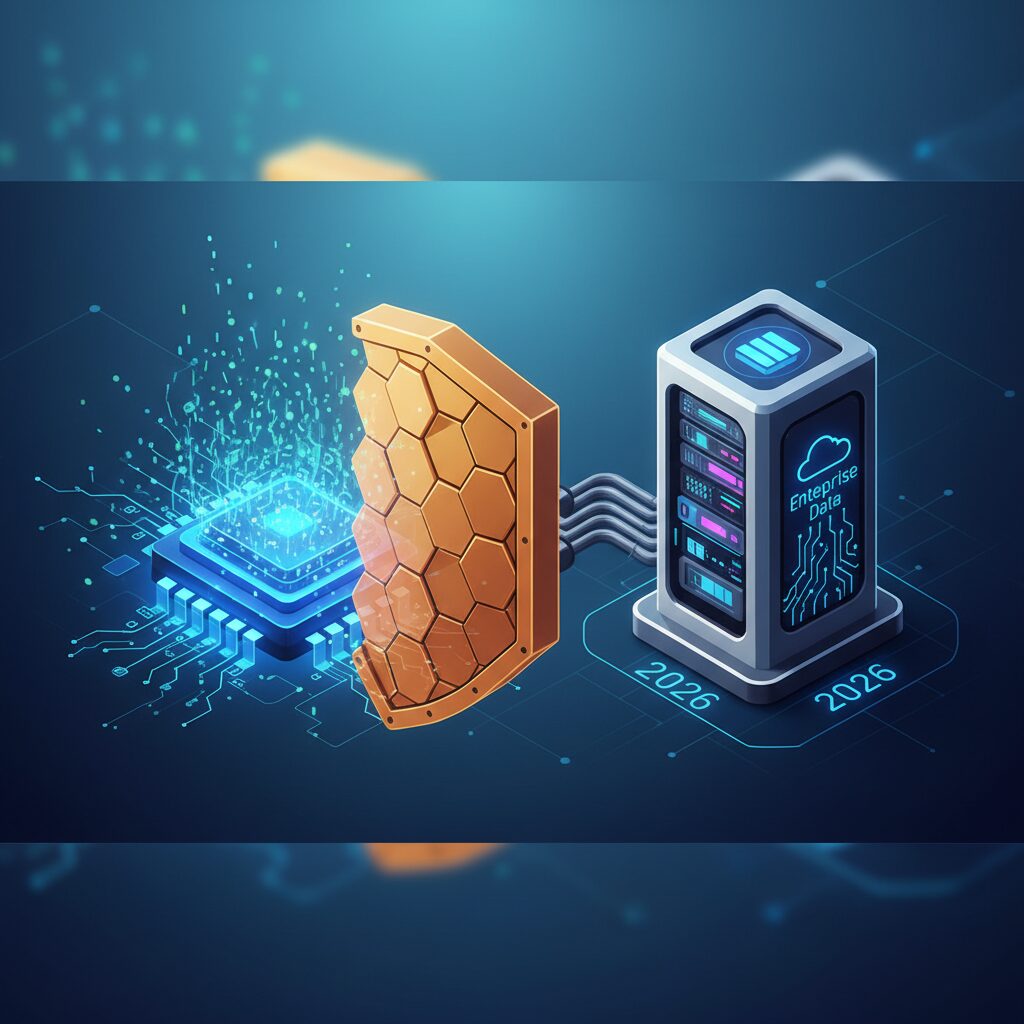 A futuristic, secure data network with glowing cryptographic symbols protecting an abstract corporate building, illustrating advanced quantum-resistant protocols.