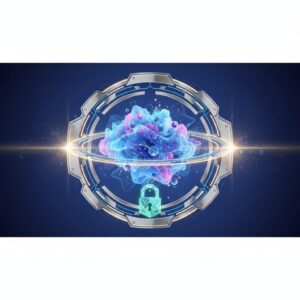 Abstract visualization of quantum computing and secure data. Glowing lines connect futuristic servers and data points, symbolizing advanced encryption protecting information from quantum threats.