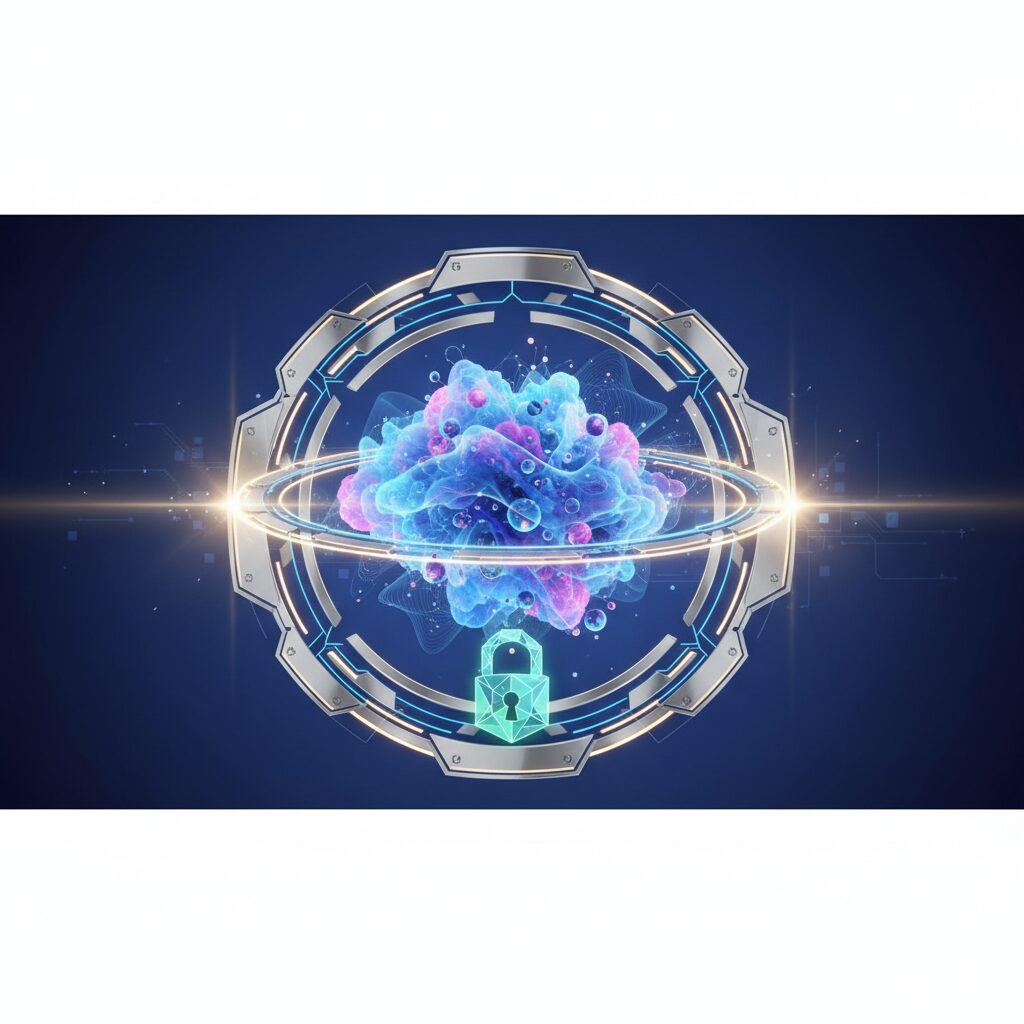 Abstract visualization of quantum computing and secure data. Glowing lines connect futuristic servers and data points, symbolizing advanced encryption protecting information from quantum threats.