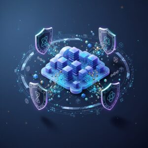 Futuristic cloud data center with glowing lines representing secure data flow and quantum-safe algorithms protecting information. Abstract quantum particles hover nearby.