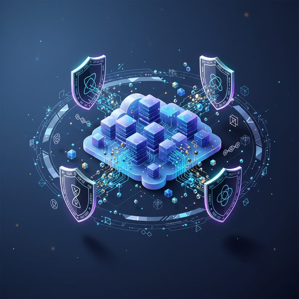 Futuristic cloud data center with glowing lines representing secure data flow and quantum-safe algorithms protecting information. Abstract quantum particles hover nearby.