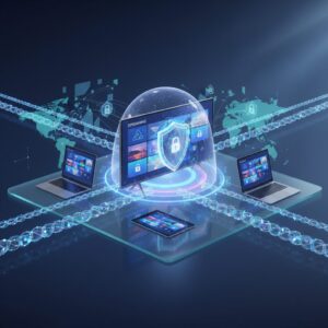 Abstract digital network overlaid with glowing quantum computing symbols like qubits and entangled particles, flowing into a secure, protected shield icon, all against a dark blue background.