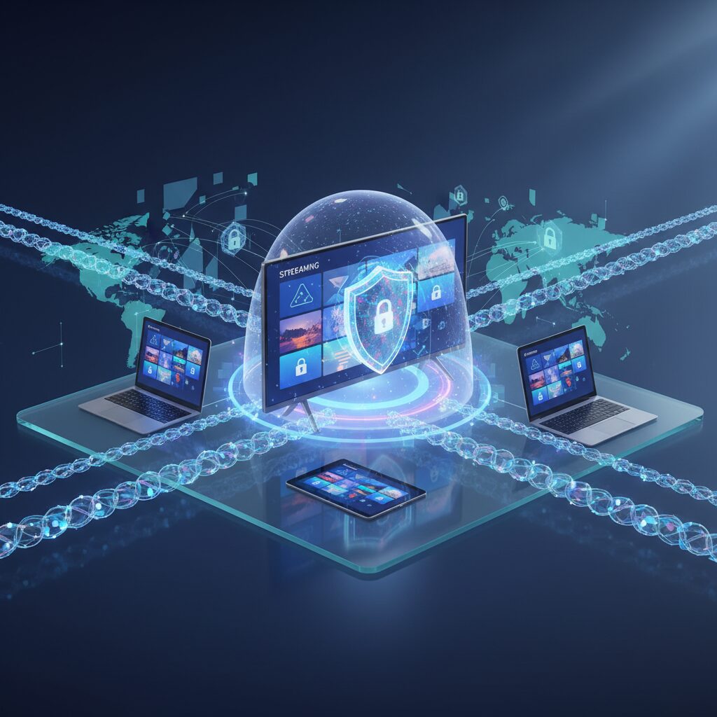 Abstract digital network overlaid with glowing quantum computing symbols like qubits and entangled particles, flowing into a secure, protected shield icon, all against a dark blue background.
