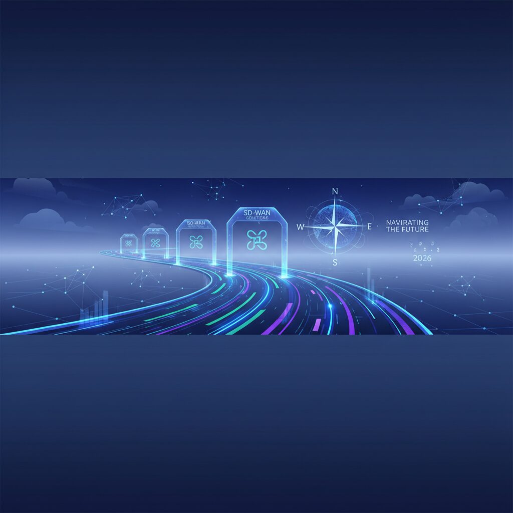 A futuristic data center environment with glowing network lines connecting various servers and devices, symbolizing efficient data flow and advanced SD-WAN infrastructure.