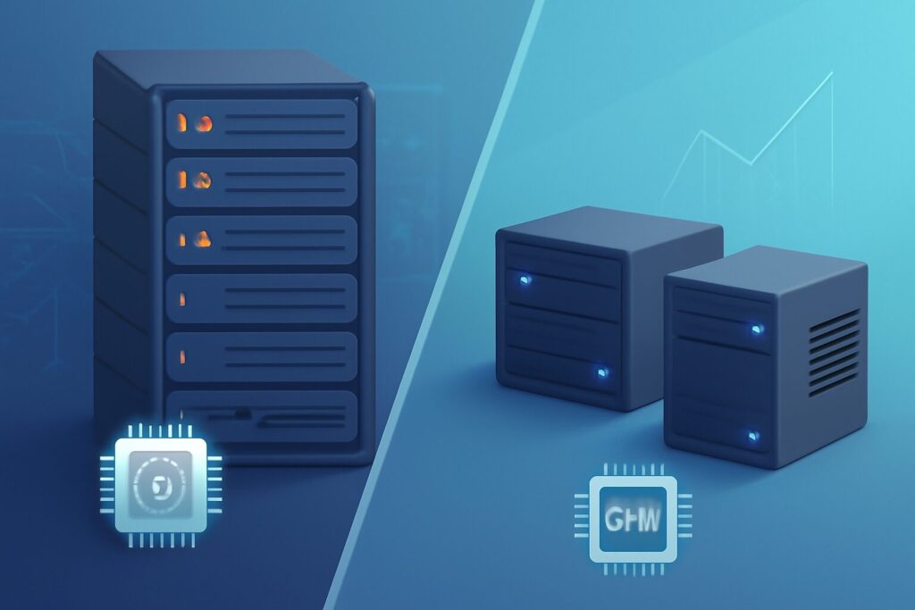 Two servers side by side, one representing shared hosting and the other VPS hosting