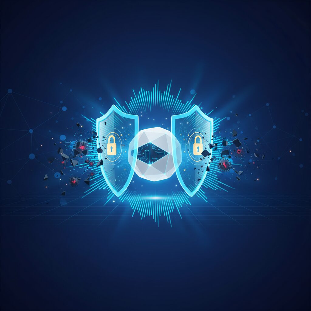 A modern smart home living room at night, illuminated by soft blue light from integrated security cameras and a central holographic interface displaying monitoring data, hinting at advanced AI protection.