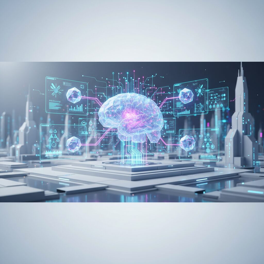 A sleek, futuristic AI interface with glowing data streams and a subtle, humanoid digital assistant projection in a modern office environment.