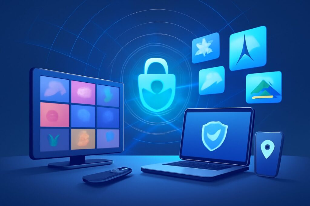 Laptops displaying various VPN service interfaces on a stylish desk