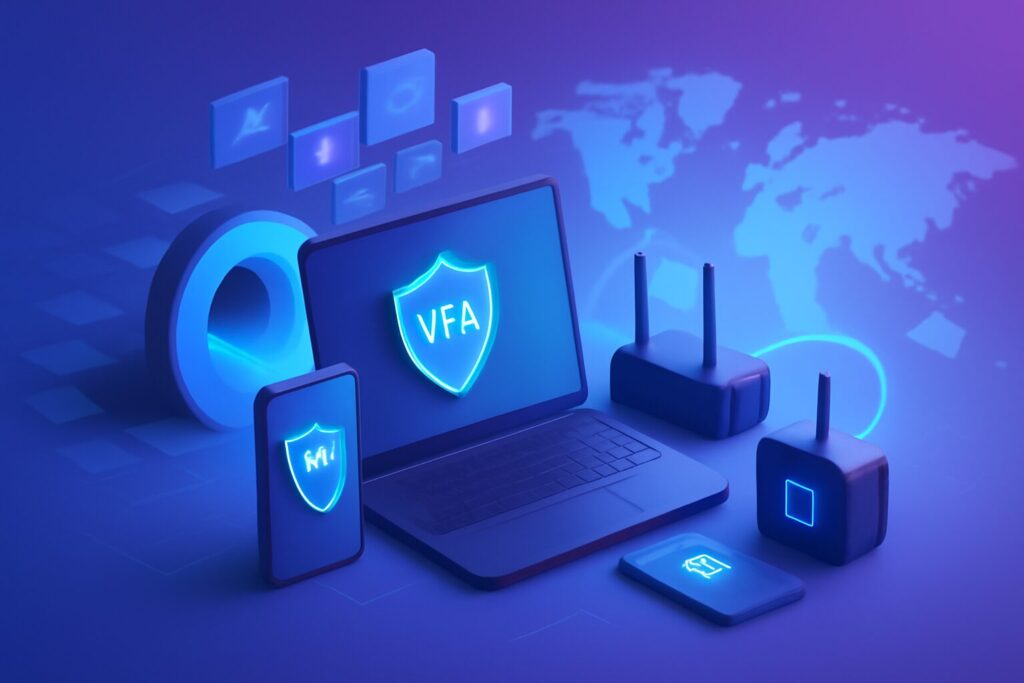 Various VPN icons with a digital network background