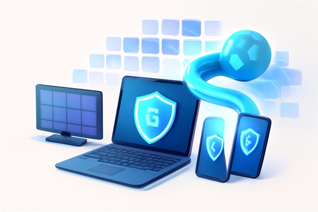 Home office with a laptop displaying a secure connection, globe in background