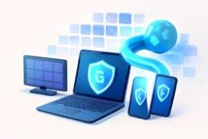 Home office with a laptop displaying a secure connection, globe in background