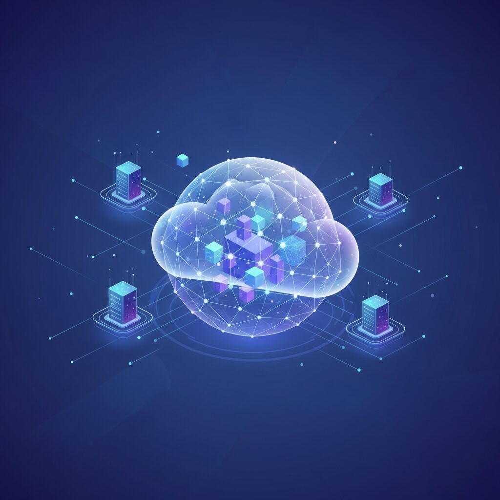 Stylized digital data flowing into a vibrant cloud icon, connecting various devices like a laptop, tablet, and smartphone, illustrating modern cloud storage.
