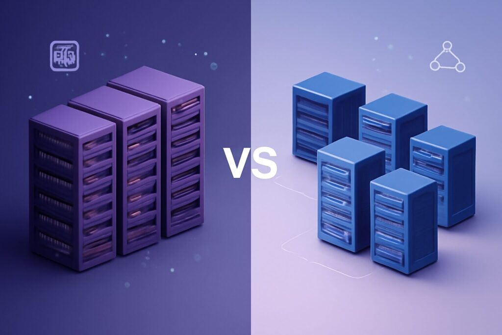 Modern server racks in a dimly lit data center with blue glow