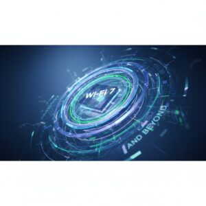 Glowing blue and purple light beams representing high-speed wireless data flowing between a stylized Wi-Fi router and various modern devices like a laptop and smartphone, set against a blurred, futuristic city background.