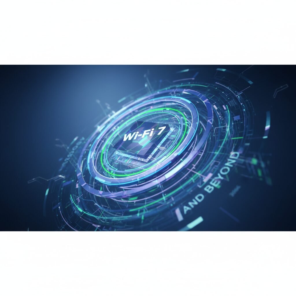 Glowing blue and purple light beams representing high-speed wireless data flowing between a stylized Wi-Fi router and various modern devices like a laptop and smartphone, set against a blurred, futuristic city background.