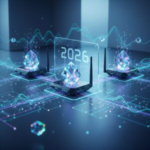 Sleek, futuristic Wi-Fi 7 quantum mesh routers in a modern smart home environment, emitting subtle glowing signals, with connected devices.