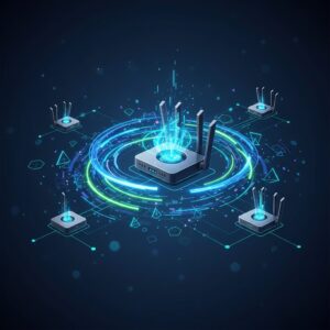 A sleek, futuristic Wi-Fi 7 router with multiple antennas, emitting glowing blue light, set on a minimalist desk in a modern smart home environment.