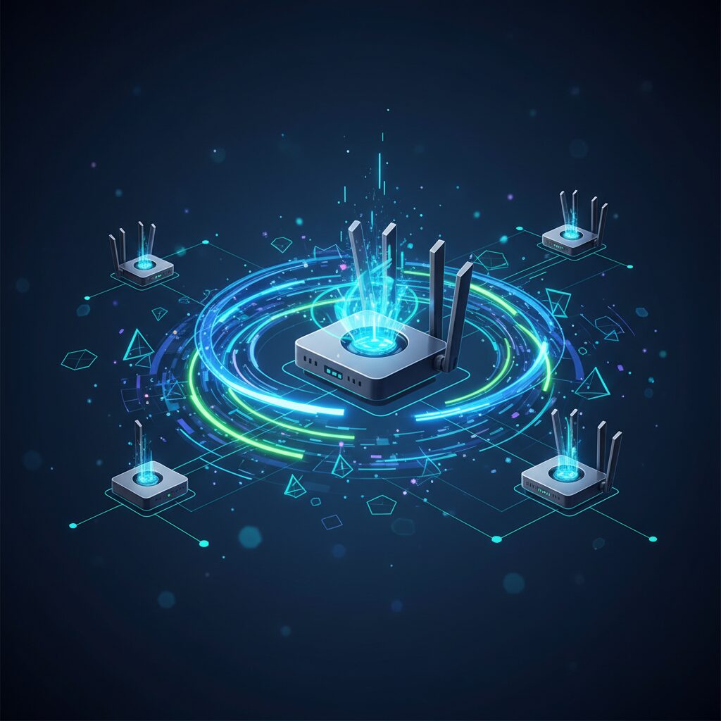 A sleek, futuristic Wi-Fi 7 router with multiple antennas, emitting glowing blue light, set on a minimalist desk in a modern smart home environment.