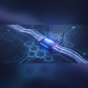 Sleek, futuristic Wi-Fi 7 router glowing with blue light, symbolizing advanced technology and hyper-speed connectivity on a modern desk in 2026.
