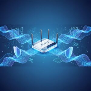 A state-of-the-art Wi-Fi 7 router, sleek and dark, emitting subtle blue light, on a minimalist desk with a laptop, representing advanced home network performance.