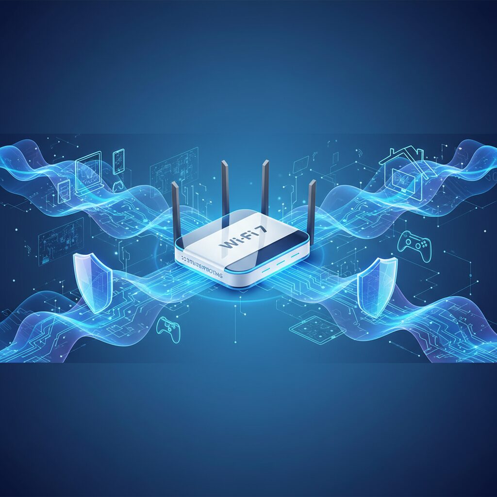 A state-of-the-art Wi-Fi 7 router, sleek and dark, emitting subtle blue light, on a minimalist desk with a laptop, representing advanced home network performance.