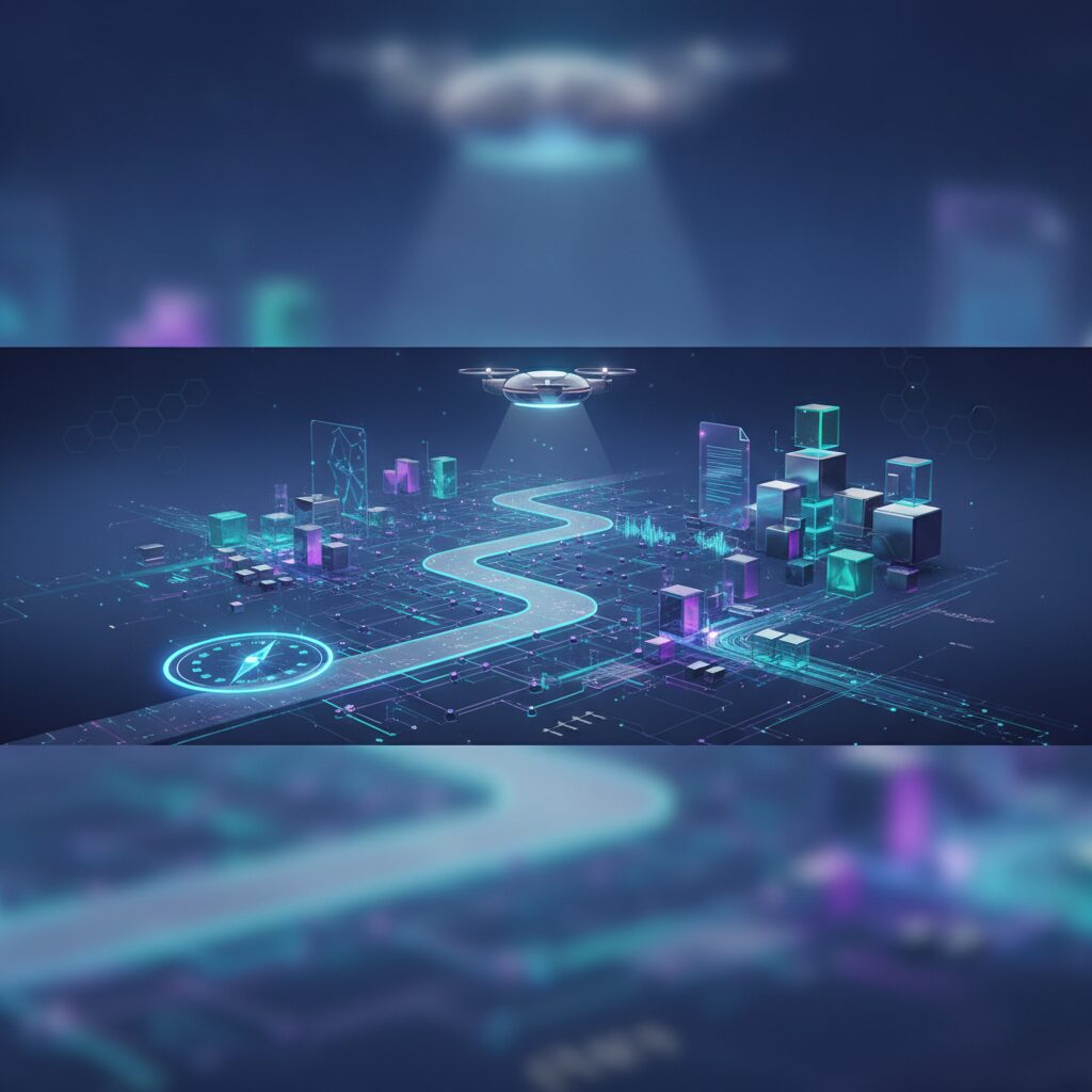A futuristic digital interface displaying abstract data flows and text generation, symbolizing advanced AI creating content for 2026, with subtle glowing elements.