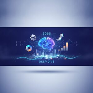 A modern workspace with a holographic interface displaying data visualizations and AI icons, a diverse professional hand interacting with it, symbolizing efficiency and future business innovation.