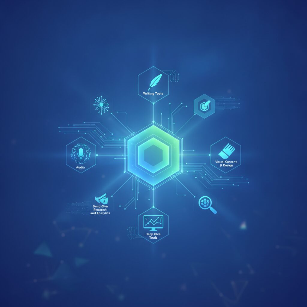 A futuristic desktop setup with holographic interfaces displaying various content formats, symbolizing advanced AI tools aiding digital creators in 2026.