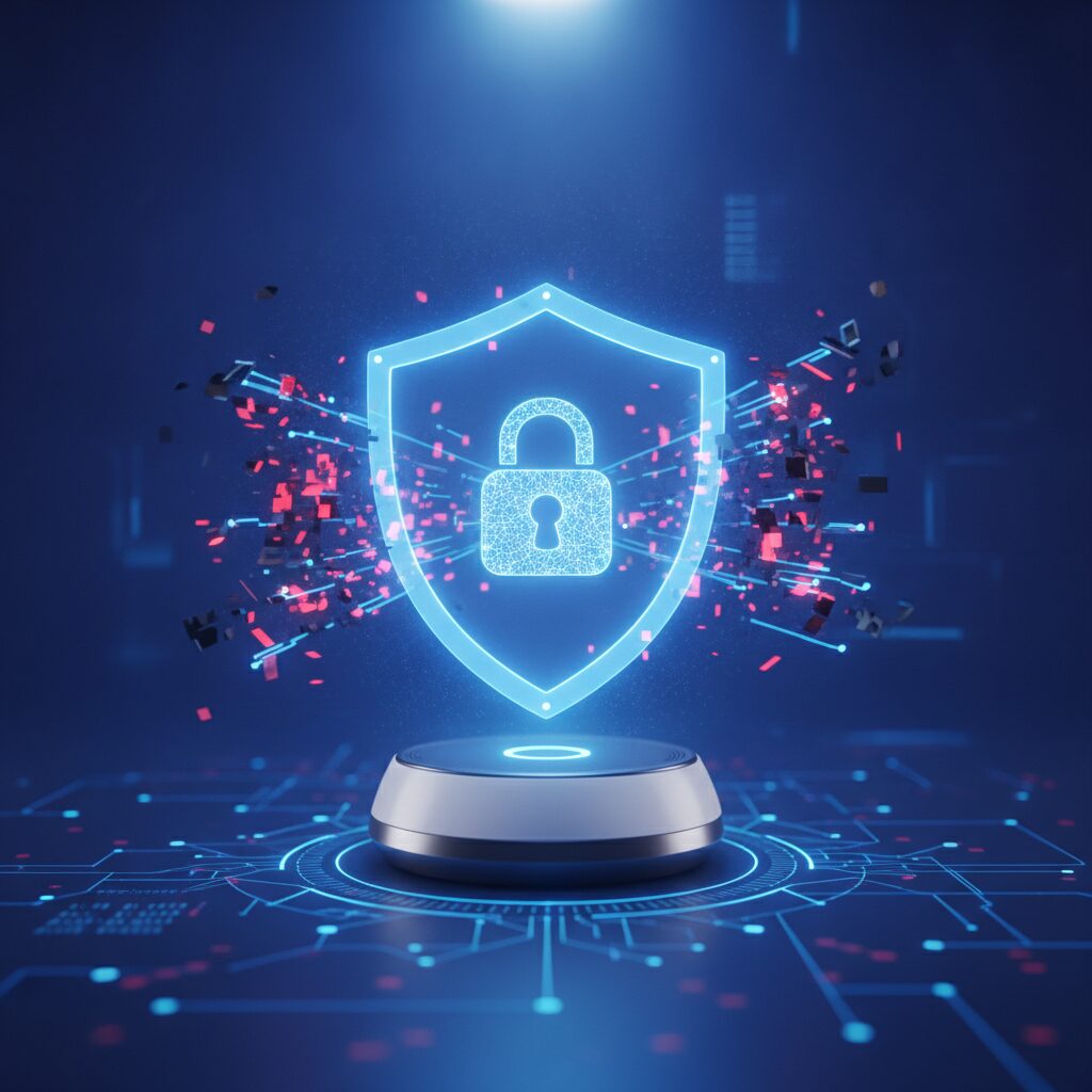 A futuristic smart home interior at dusk, showcasing discreet AI security cameras, motion sensors, and a central smart hub with holographic interfaces, symbolizing advanced protection.
