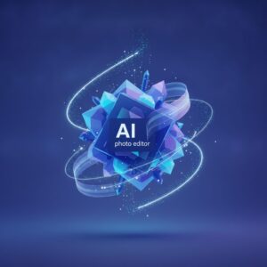A futuristic digital interface overlaying a professional camera lens, with abstract light trails and geometric patterns symbolizing AI photo editing capabilities and enhanced creativity.