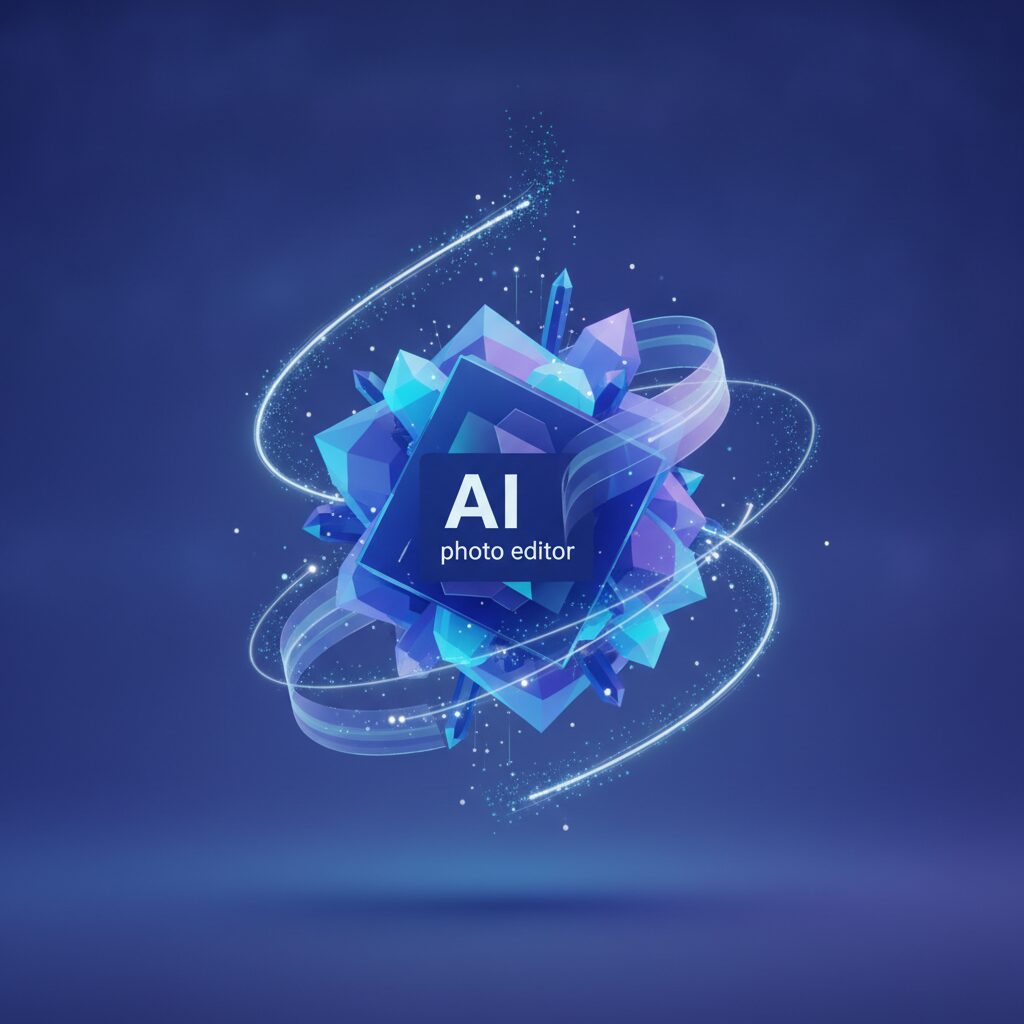 A futuristic digital interface overlaying a professional camera lens, with abstract light trails and geometric patterns symbolizing AI photo editing capabilities and enhanced creativity.