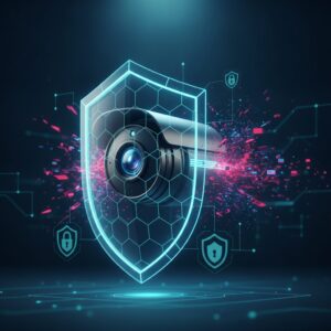 A sleek, modern AI-powered security camera mounted on a smart home wall, with a faint digital overlay indicating its advanced detection capabilities.