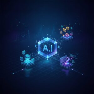 A modern office worker efficiently managing tasks with multiple digital screens displaying AI-powered productivity tools and data visualizations.