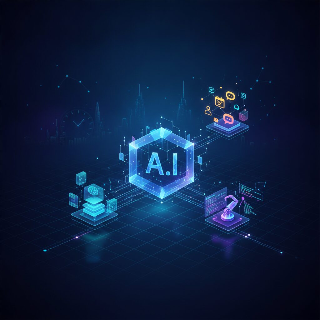 A modern office worker efficiently managing tasks with multiple digital screens displaying AI-powered productivity tools and data visualizations.
