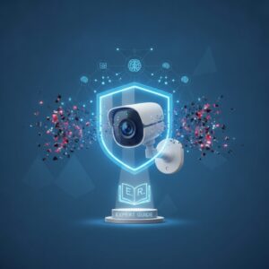 A sleek, futuristic AI-powered security camera lens with subtle digital overlays indicating smart features, set in a modern home or office environment.