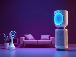 Modern living room with AI speakers and smart home devices
