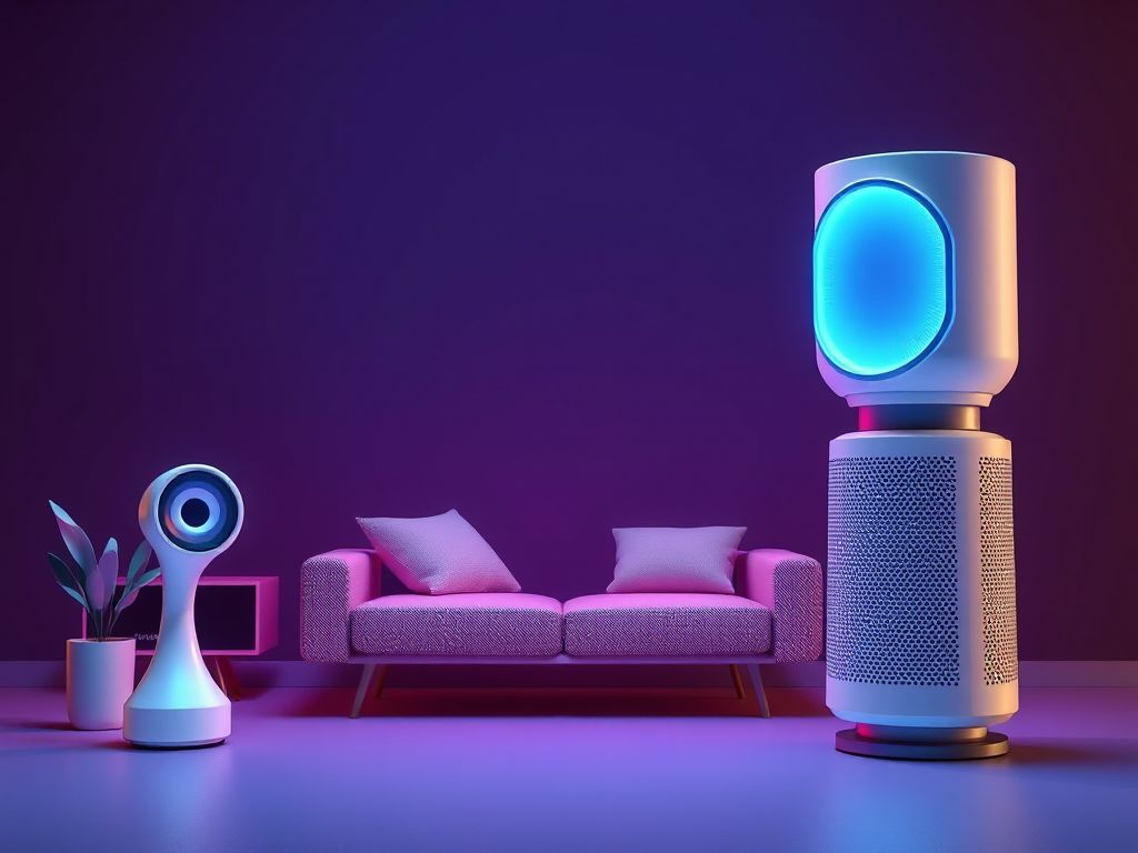 Modern living room with AI speakers and smart home devices