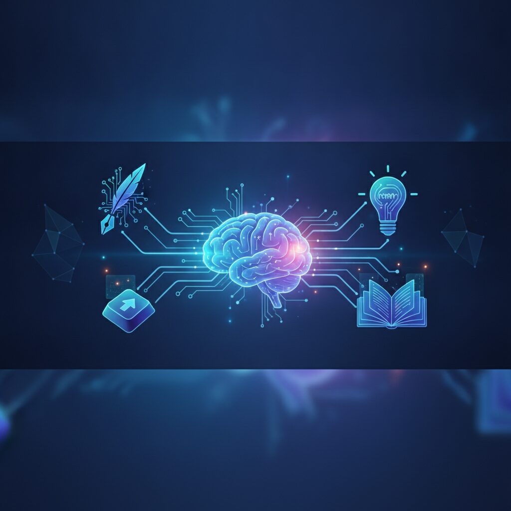 A person in a modern office interacts with a glowing, holographic screen displaying text and data, surrounded by sleek, futuristic design elements, symbolizing advanced AI writing.