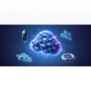 A tech-savvy professional at a futuristic workstation managing vast amounts of data across multiple holographic screens, illustrating advanced cloud storage.