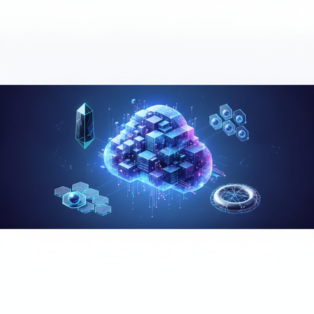 A tech-savvy professional at a futuristic workstation managing vast amounts of data across multiple holographic screens, illustrating advanced cloud storage.