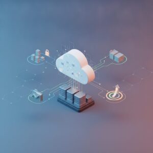Diverse small business team collaborating on laptops in a modern office, secure cloud icons floating above their workspace, symbolizing data protection and accessibility.