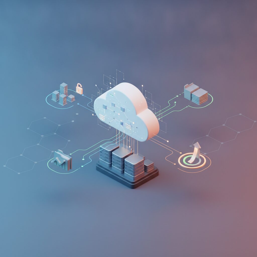 Diverse small business team collaborating on laptops in a modern office, secure cloud icons floating above their workspace, symbolizing data protection and accessibility.