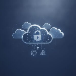 Diverse small business professionals collaborating with tablets and laptops, abstract cloud data symbols flowing securely, representing modern digital data management and innovation.