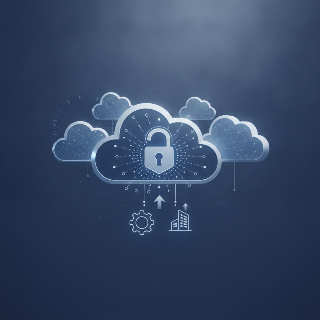 Diverse small business professionals collaborating with tablets and laptops, abstract cloud data symbols flowing securely, representing modern digital data management and innovation.