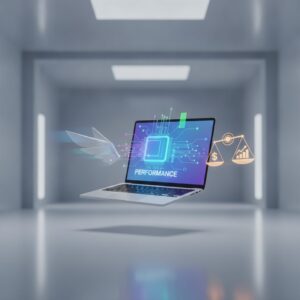A sleek, modern mid-range laptop open on a clean desk, with soft ambient light, showcasing its screen and keyboard.