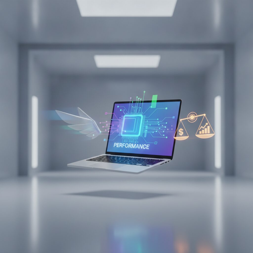 A sleek, modern mid-range laptop open on a clean desk, with soft ambient light, showcasing its screen and keyboard.