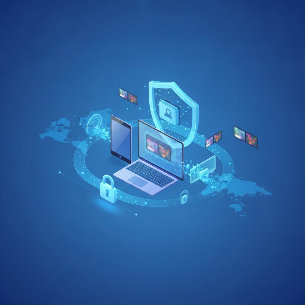 A secure digital network represented by glowing lines connecting global points on a sleek, futuristic screen, symbolizing online privacy and performance.