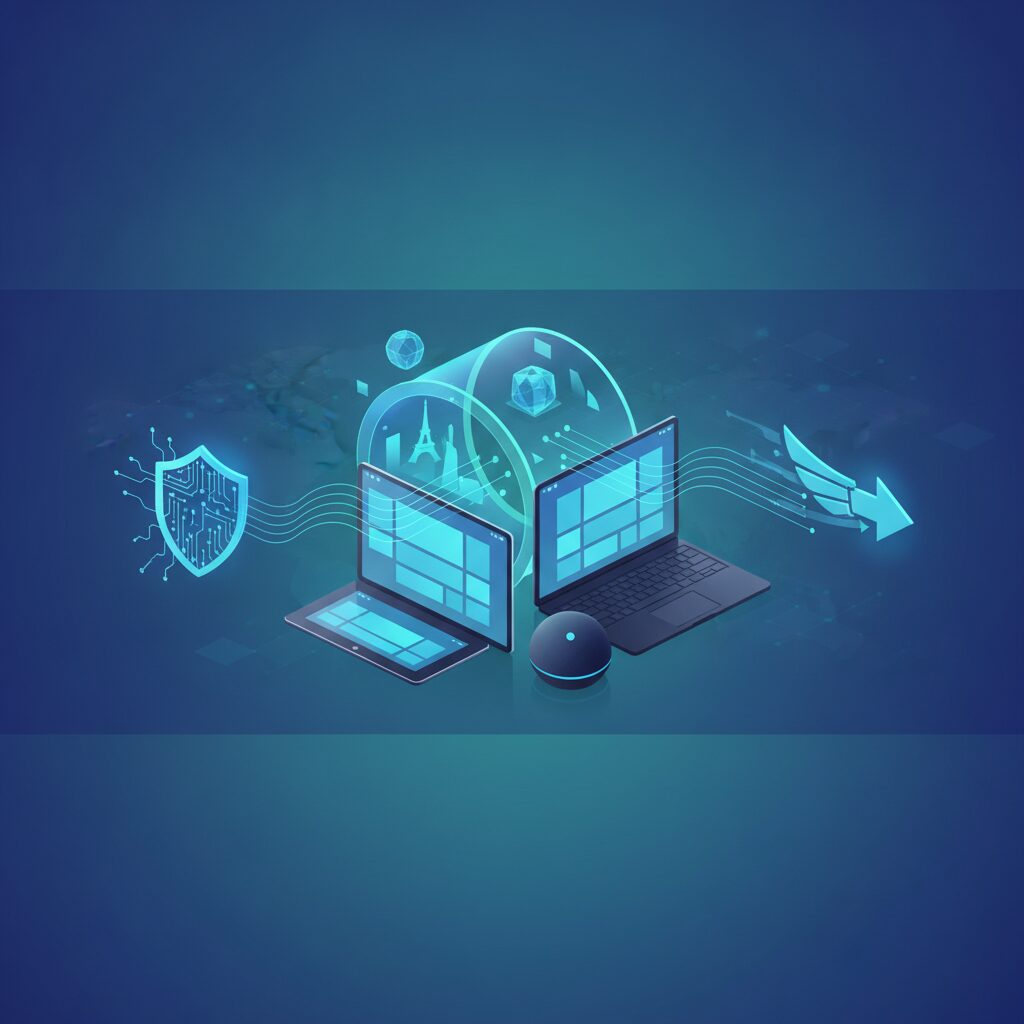 A sleek, glowing laptop connected to a secure, global network, featuring abstract digital shields and data encryption symbols, conveying privacy and speed.