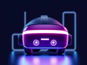 A futuristic user wearing advanced virtual reality headset and gloves in a living room setting with realistic digital scenery overlaying the real world view.